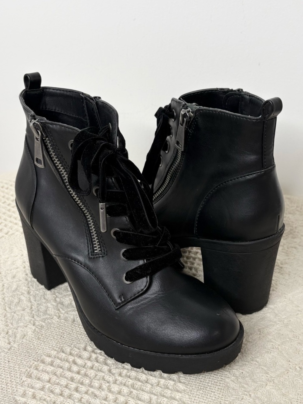 Black Heeled Combat Boots Target Faux Leather Lace Up Lug Sole